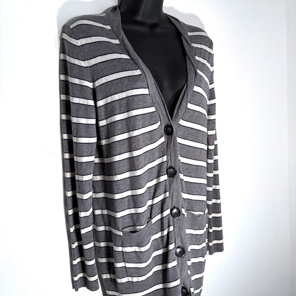 Banana Republic Striped Longline Cardigan Sweater Women's Size S Gray White Blue